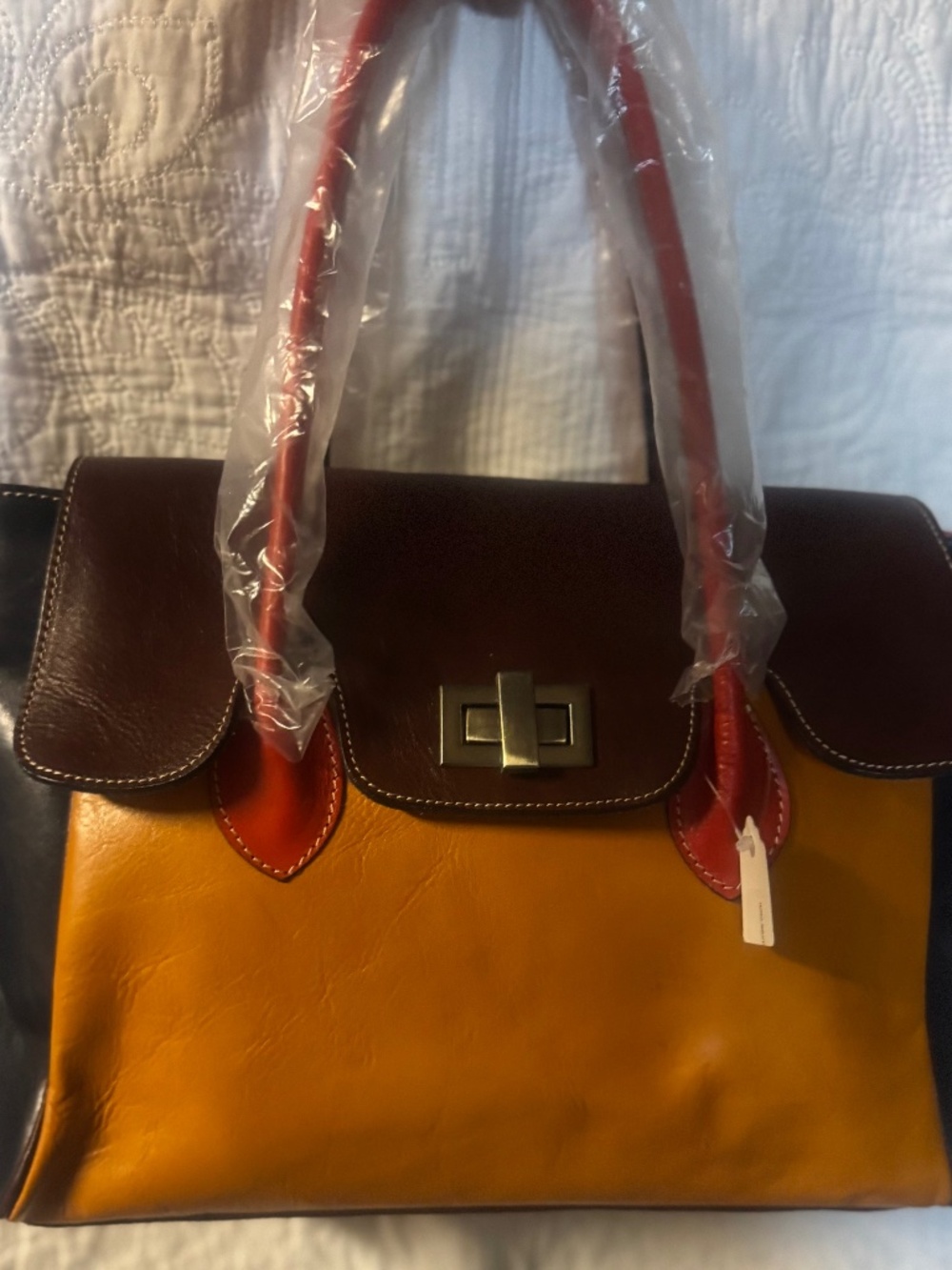 MULTI COLOR LEATHER TOTE BAG - BROWN, MUSTARD & RED